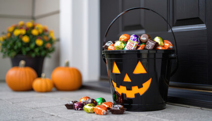 Colorful treats in a festive bucket at a Halloween doorstep
