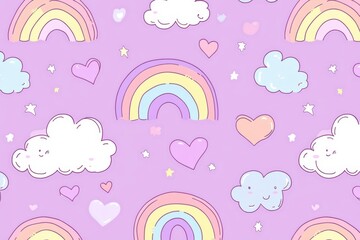 Pastel rainbow and clouds pattern on lavender background