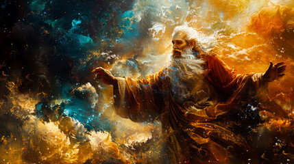 Figure in flowing robes gestures amidst vibrant cosmic clouds at twilight