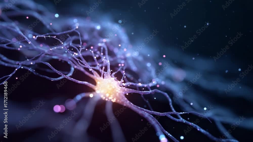 Aufkleber neural network visualization depicting intricate neuron connections, firing signals, and pulsing thr