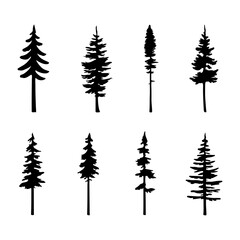Obraz premium Vector silhouette illustration of a winter forest landscape with pine and fir trees