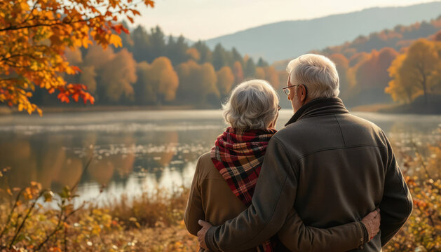 Elderly couple enjoying a peaceful moment by the lake during autumn afternoon - Powered by Adobe