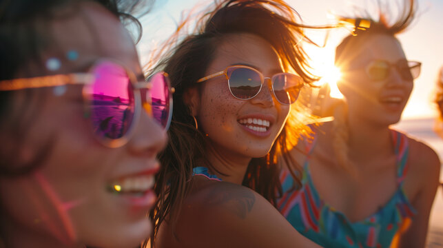 Close up of a group of young women with sunglasses smiling and having fun at a party together on a beach at sunset - Powered by Adobe