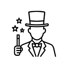 Line icon magician with cylinder vector on a white background Vector icon on a white background