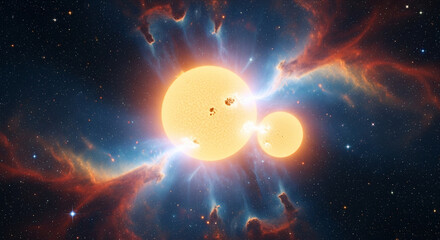 A magnificent binary star system in a fiery nebula.
A stunning and powerful depiction of a binary star system at the heart of a colorful nebula
