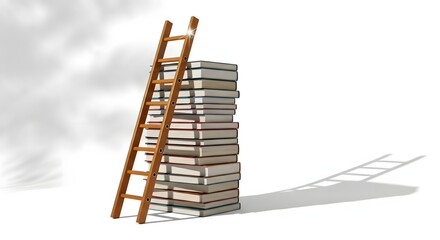 A wooden ladder leans against a stack of books, casting a shadow on a white background.