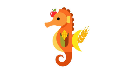 Cute Cartoon Seahorse with Apple and Wheat Illustration.