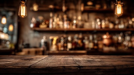 Rustic wooden bar top foreground with blurry liquor bottles and warm lighting in background. Concept for beverage display, vintage restaurant advertising and pub interior design