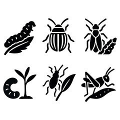 Collection of crop damaging insect silhouettes isolated on white background