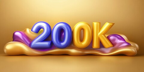 200k milestone in bold blue and gold numbers on flowing abstract shiny background with purple and gold accents highlighting achievement and success