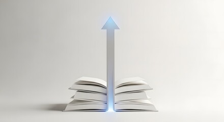 Stack of open books with a glowing arrow pointing upwards, symbolizing growth and learning.