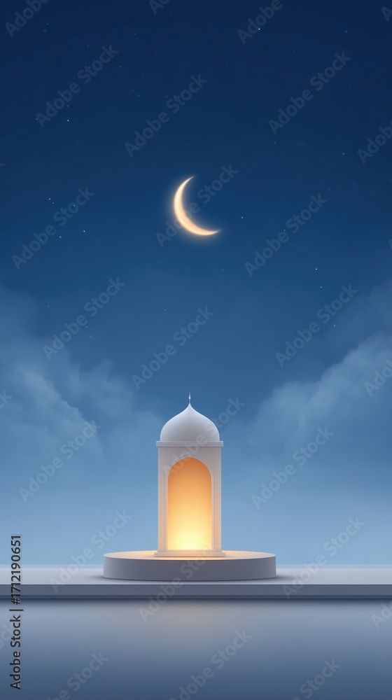 Poster serene night scene featuring a white architectural structure illuminated by soft light, under a cres