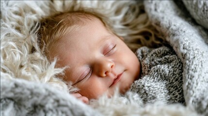 Newborn baby sleeping peacefully in soft blanket, surrounded by cozy textures