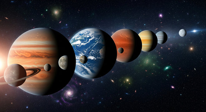 Complete Solar System with All Planets Aligned in a Row

This is a stunning, high-quality digital illustration of the Solar System, showing all eight planets (plus Pluto in some interpretations) align