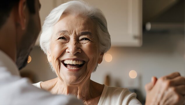 Happy senior woman laughing at home kitchen