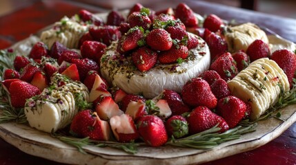 Fresh red strawberries creamy brie and herb garnished soft cheese on a platter