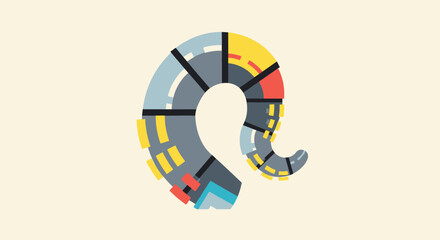 Abstract road network forming a curved shape with distinct segments and colors.