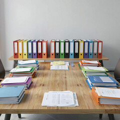 a table with colored folders and documents