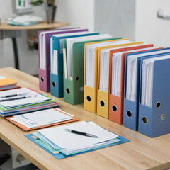 a table with colored folders and documents