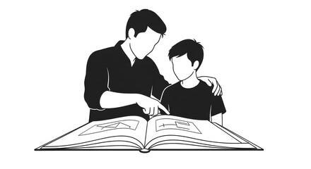 Father and son looking at a photo album together, bonding and sharing memories.