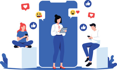 Mobile technology, social media interaction, digital connectivity, smartphone users, emoji reactions, online engagement, modern illustration, communication concept, vibrant design