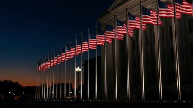 A row of American flags waves in front of a government building at twilight, a powerful symbol of patriotism, national pride, democracy, and American government and politics