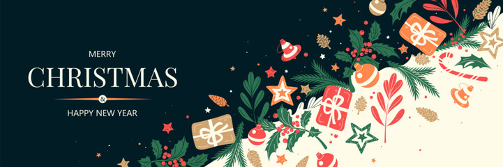 Horizontal banner with green and red Christmas symbols. Gifts, decor and branches of plants and trees. Winter background with place for text. Seamless pattern.