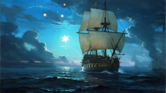 Columbus Day Majestic tall ship sailing under a star-filled night sky with a glowing celestial body illuminating the ocean waves and distant coastline, evoking wonder and adventure.