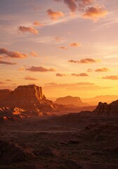 Naklejka premium Panoramic Monument Valley sunset with sandstone buttes, arid desert foreground, warm colors, vast serene atmosphere. 