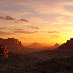 Panoramic Monument Valley sunset with sandstone buttes, arid desert foreground, warm colors, vast serene atmosphere.
