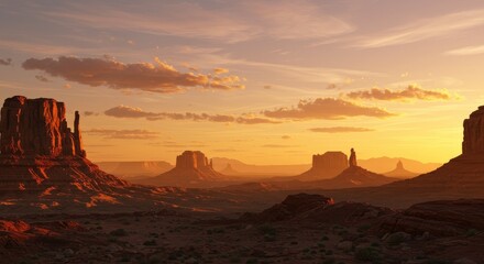 Panoramic Monument Valley sunset with sandstone buttes, arid desert foreground, warm colors, vast serene atmosphere.
