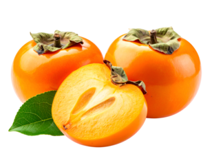 Radiant Persimmon: A close-up shot showcases ripe persimmons, their vibrant orange hue and the soft texture of the flesh. One is sectioned to show its juicy core.