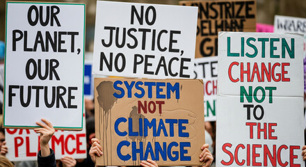 A Group of People Holding Protest Signs
A powerful close-up shot of several protest signs held high by a crowd. The signs display bold, impactful messages, including "OUR PLANET, OUR FUTURE," 
