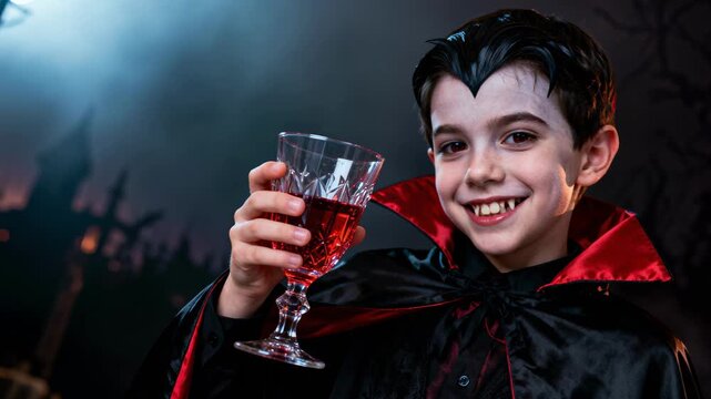 A smiling boy in a vampire costume with fangs and a cape holds a glass of red drink, celebrating a fun and spooky Halloween party, embodying the spirit of trick-or-treating