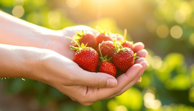 Freshly picked strawberries held in hands - Powered by Adobe