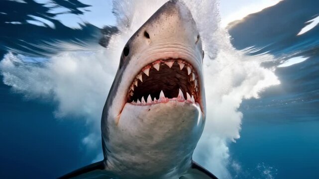 A great white shark attacks with its mouth wide open, revealing sharp teeth in the deep blue ocean, representing a powerful predator, marine life, and the concept of natural danger
