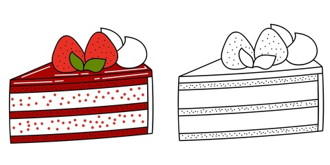 Hand-drawn strawberry cake slice illustration set, with a colored version and a line art outline for coloring