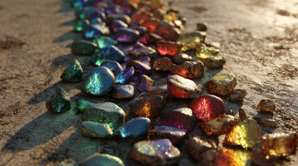 A line of colorful rocks on a beach