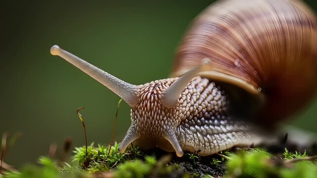 Close-up of a snail on moss, showcasing its detailed shell and antennae in a lush green environment