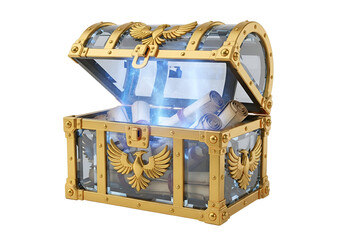 An ornate, golden treasure chest, open, reveals ancient scrolls illuminated by a mystic, inner light.
