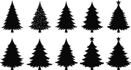 Christmas tree silhouettes set, decorated and plain pine icons, black vector illustrations, holiday design elements, festive nature symbols