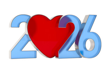 2026 new year and heart on white background. Isolated 3D illustration