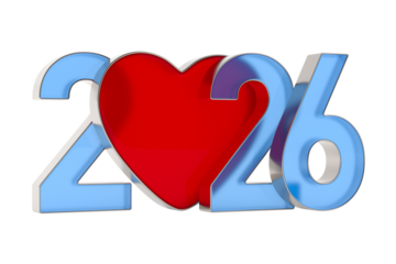 2026 new year and heart on white background. Isolated 3D illustration