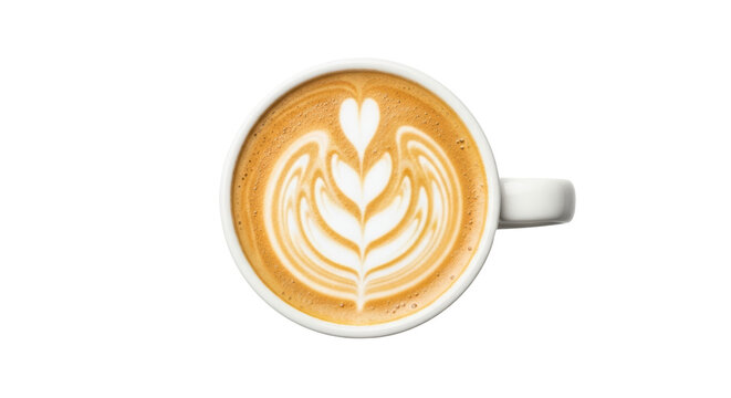 Isolated top-down view of a cappuccino with tulip latte art design floating in the cup drink