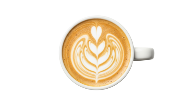 Isolated top-down view of a cappuccino with tulip latte art design floating in the cup drink