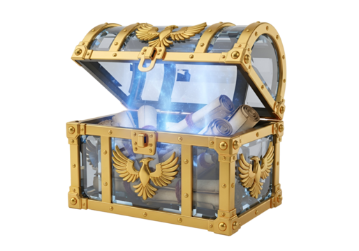 An ornate, golden treasure chest, open, reveals ancient scrolls illuminated by a mystic, inner light.