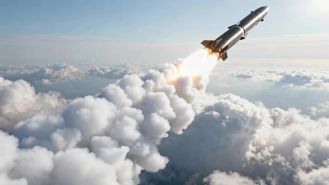 A ballistic missile launches into the sky, ascending through the clouds with fire and smoke, symbolizing military power, advanced weapon technology, and geopolitical tension