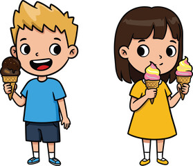Cartoon kids eating ice cream, boy and girl summer treat, cheerful dessert moment, flat vector illustration, cad drawing  kids eating ice cream, boy and girl summer treat, cheerful dessert
