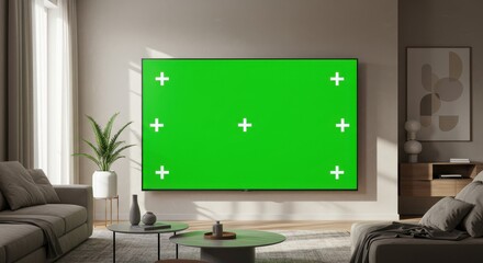 Modern Living Room with Large Green Screen TV Displaying Tracking Markers.