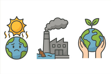 Climate change icon set showing global warming, industrial pollution, and environmental protection. Vector cartoon concepts of a hot planet, factory smoke, and saving the Earth.